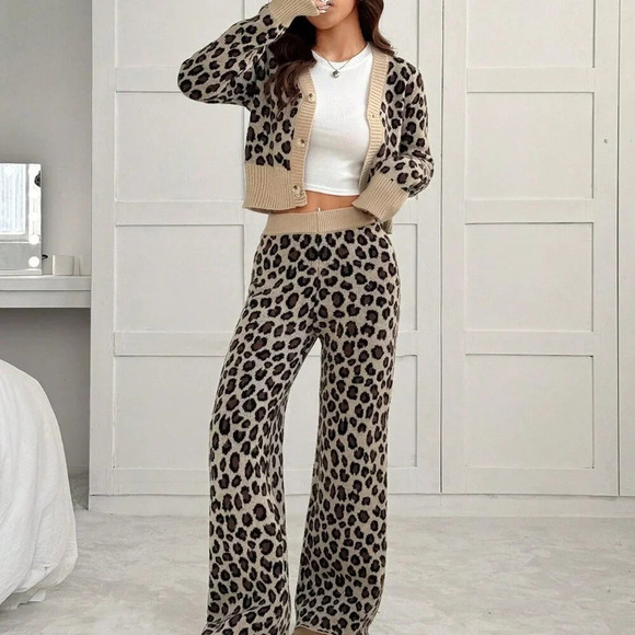 Multicolor Casual Women's Knit Sweater & Wide Leg Leopard Print Pants Set - Picture 4 of 7